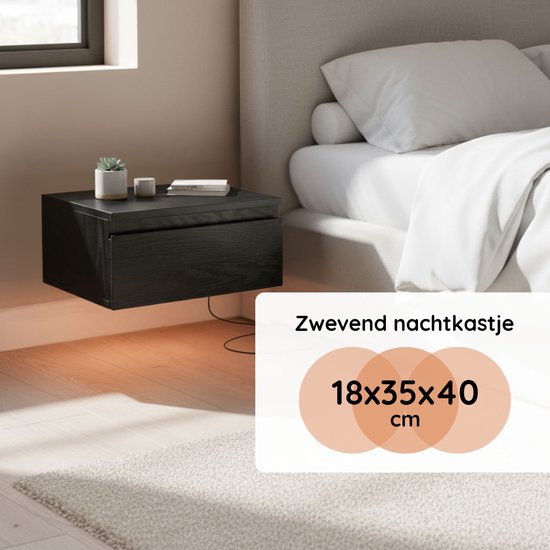 Casamoda Zwevend Nachtkastje - Set van 2 - Verstelbare LED-Verlichting - Zwart - ± 40 x 35 x 20 cm