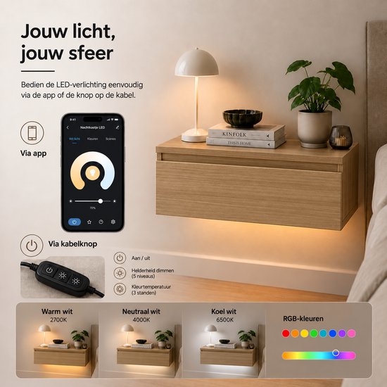 Casamoda Nachtkastje set van 2 - Zwevend nachtkastje met lade - LED-Verlichting - Eiken - 40 x 35 x 18 cm