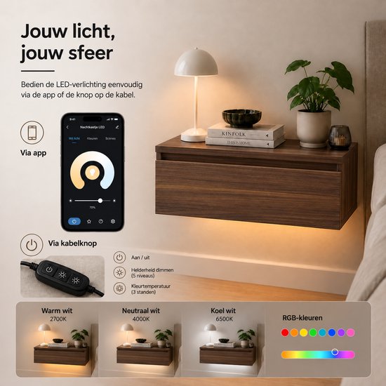 Casamoda Nachtkastje set van 2 - Zwevend nachtkastje met lade - LED-Verlichting - Walnoot - 40 x 35 x 18 cm