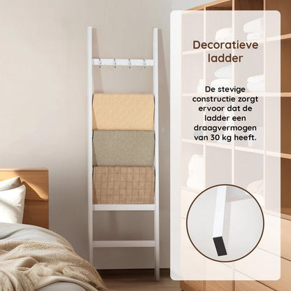 Nancy's Eleganca Handdoekladder - Handdoekrek - ecoratieve Ladder met 5 Ophanghaakjes - Wit - Bamboe - 60 x 170 cm