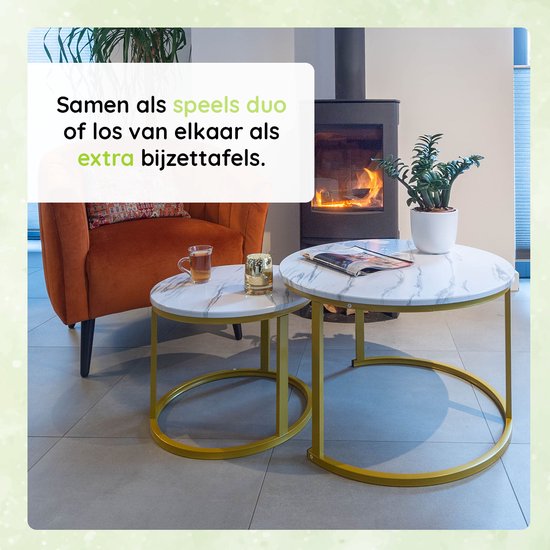 Casamoda Salontafel set van 2 - Bijzettafels Rond - Wit Marmer / Goud - Ø 70/50 cm
