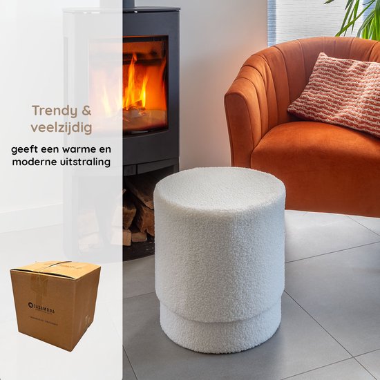 Casamoda Teddy Poef - Krukje - Rond - Off White - Ø 42 x 43 cm