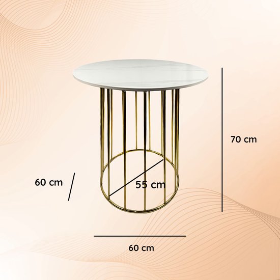 Casamoda Bijzettafel - Salontafel - Gouden Frame - Marmer - Stenen Tafelblad Rond - Wit - Ø 60 x 70 cm