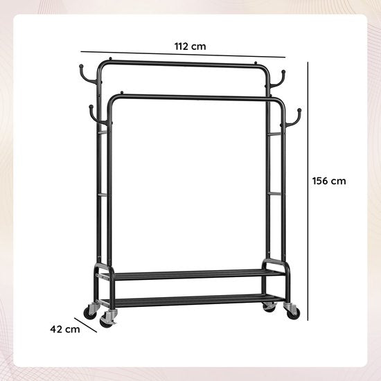 Eleganca Kledingrek XL - Garderoberek - Dubbel Kledingrek - 2 Kledingstangen en Schoenenplanken - Zwart - Staal - ± 110 x 40 x 155 cm