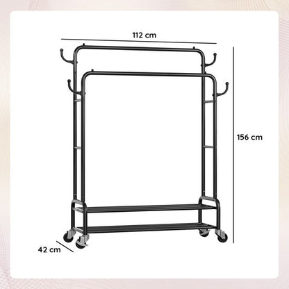 Eleganca Kledingrek XL - Garderoberek - Dubbel Kledingrek - 2 Kledingstangen en Schoenenplanken - Zwart - Staal - ± 110 x 40 x 155 cm