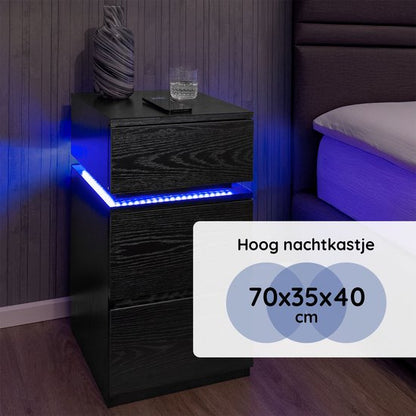 Casamoda Hoog Nachtkastje voor Boxspring - Ladekastje - 3 Lades - Verstelbare RGB LED-Verlichting - Zwart - 40 x 35 x 70 cm