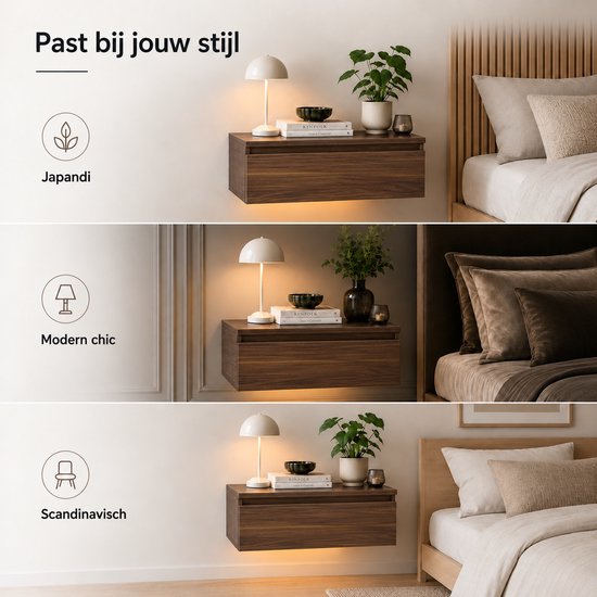 Casamoda Nachtkastje set van 2 - Zwevend nachtkastje met lade - LED-Verlichting - Walnoot - 40 x 35 x 18 cm