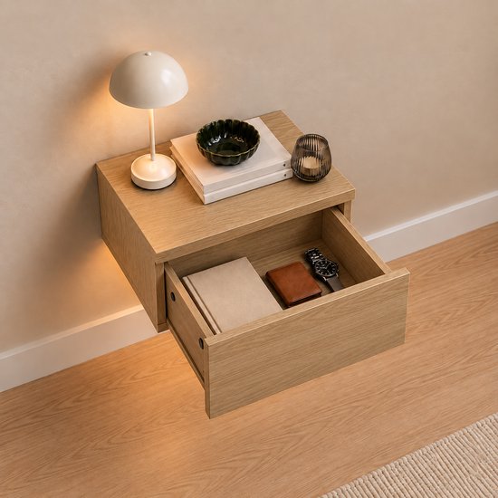 Casamoda Nachtkastje set van 2 - Zwevend nachtkastje met lade - LED-Verlichting - Eiken - 40 x 35 x 18 cm