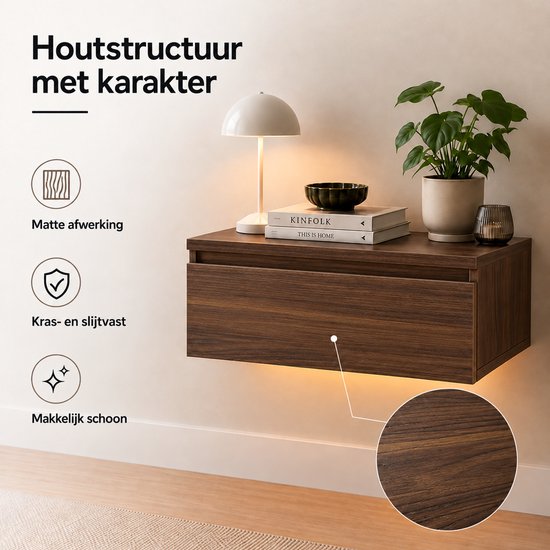 Casamoda Nachtkastje set van 2 - Zwevend nachtkastje met lade - LED-Verlichting - Walnoot - 40 x 35 x 18 cm