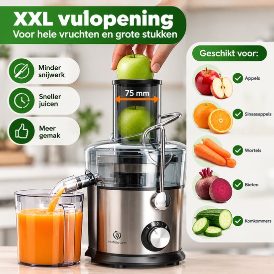 Nancy's Nutrilovers QUICK-JUICER PRO Slowjuicer - Sapcentrifuge - Citruspers - Keukenmachine - 800W - 2 snelheden - RVS - BPA Vrij