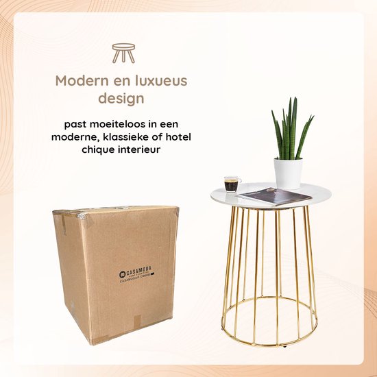 Casamoda Bijzettafel - Salontafel - Gouden Frame - Marmer - Stenen Tafelblad Rond - Wit - Ø 60 x 70 cm