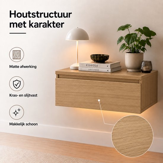 Casamoda Nachtkastje set van 2 - Zwevend nachtkastje met lade - LED-Verlichting - Eiken - 40 x 35 x 18 cm