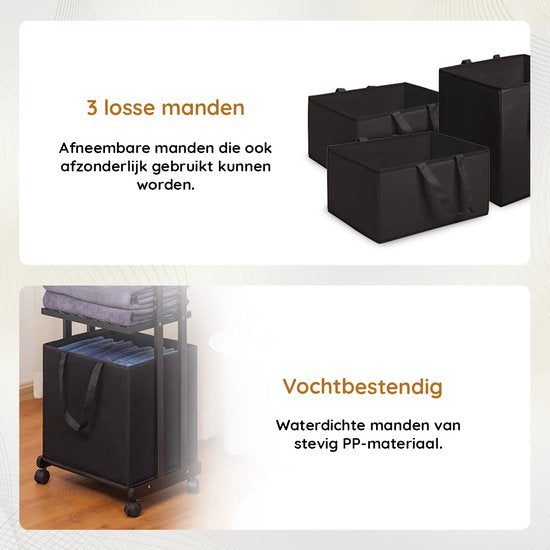 Nancy's Eleganca Wassorteerder 3 Vakken - Wasmand - Met Wieltjes - Zwart - Bamboe - ± 40 x 35 x 120 cm