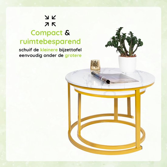 Casamoda Salontafel set van 2 - Bijzettafels Rond - Wit Marmer / Goud - Ø 70/50 cm