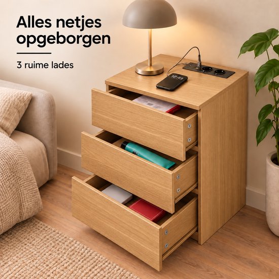 Casamoda Extra Hoog Nachtkastje voor Boxspring - 3 lades - Stopcontact met 1x USB-C en 1x USB-A - Bijzettafel - Goud Eiken - 40 x 35 x 70 cm