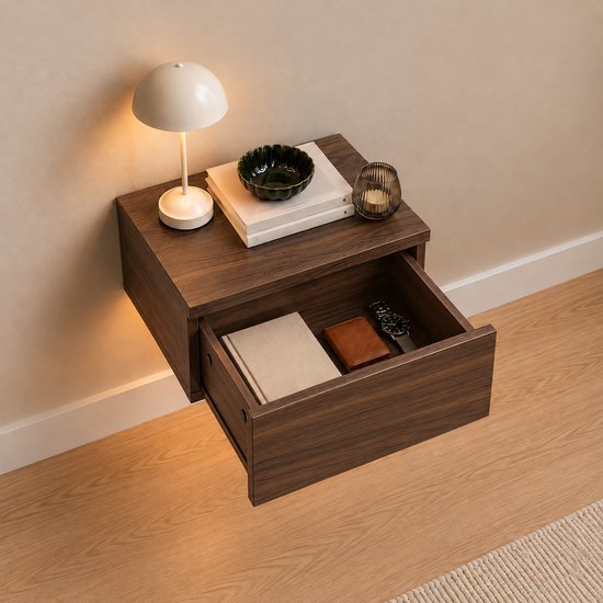 Casamoda Nachtkastje set van 2 - Zwevend nachtkastje met lade - LED-Verlichting - Walnoot - 40 x 35 x 18 cm