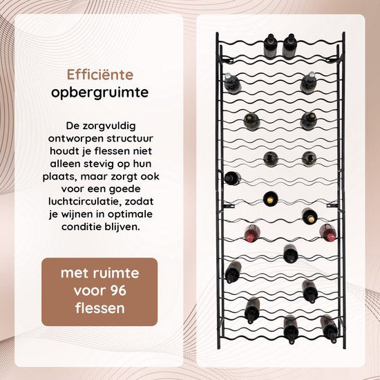 Eleganca Wijnrek - Wijnmeubel - Flessenrek - 96 Flessen - Zwart - Staal - ± 65 x 20 x 160 cm