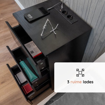 Casamoda Nachtkastje met Stopcontact en USB-Aansluiting - Ladekastje - 3 Lades - Zwart - 40 x 35 x 55 cm