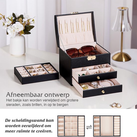 Nancy's Eleganca Sieradendoos - Sieraden kistje - Juwelenkistje - Sieradenhouder met 3 Lades - Opbergdoos voor sieraden - Zwart - Leer