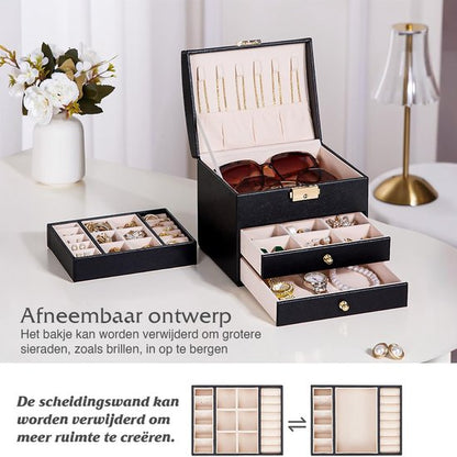 Nancy's Eleganca Sieradendoos - Sieraden kistje - Juwelenkistje - Sieradenhouder met 3 Lades - Opbergdoos voor sieraden - Zwart - Leer