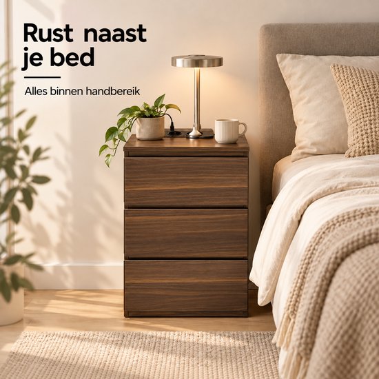 Casamoda Extra Hoog Nachtkastje voor Boxspring - 3 lades - Stopcontact met 1x USB-C en 1x USB-A - Bijzettafel - Walnoot - 40 x 35 x 70 cm