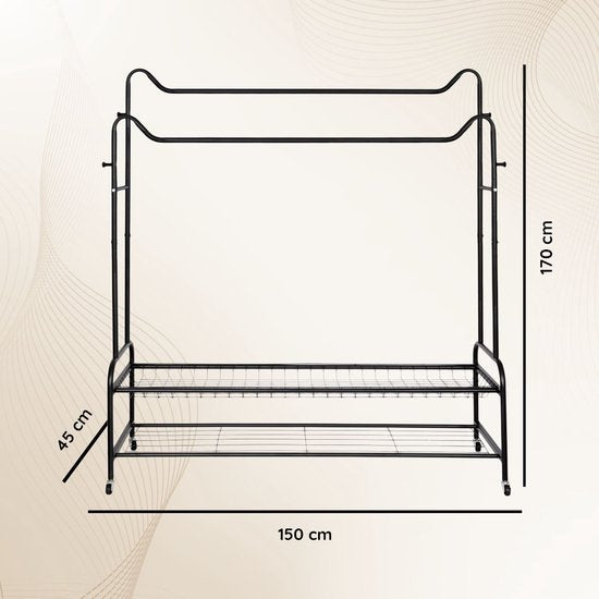 Eleganca Kledingrek - Kledingstang - Garderoberek - 2 Stangen en 4 Ophanghaken - Zwart - Staal - 150 x 45 x 170 cm