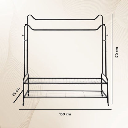 Eleganca Kledingrek - Kledingstang - Garderoberek - 2 Stangen en 4 Ophanghaken - Zwart - Staal - 150 x 45 x 170 cm