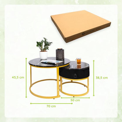 Casamoda Salontafel set van 2 - Bijzettafels Rond - Goud/Zwart Marmer - Ø 70/50 cm