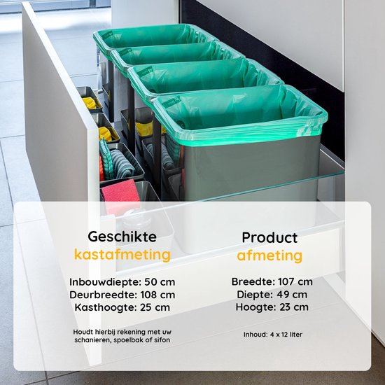 Eleganca Afvalbak 4x12 Liter – Inbouw Prullenbak met inzet-rand - Afvalscheidingsbak