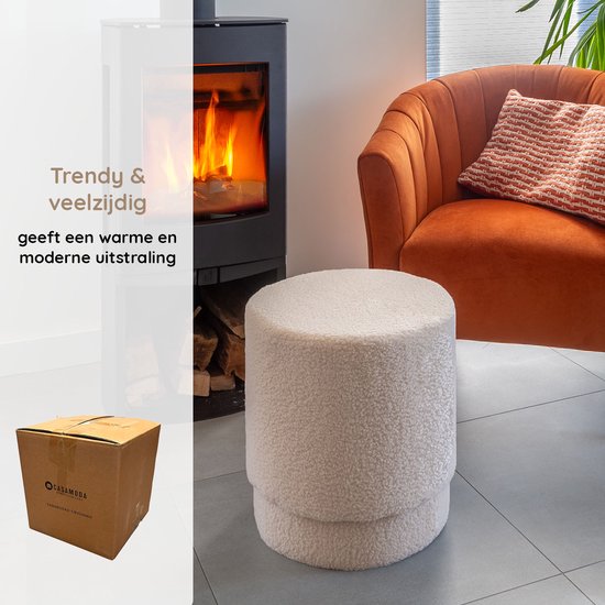 Casamoda Teddy Poef - Krukje - Rond - Beige - Ø 42 x 43 cm