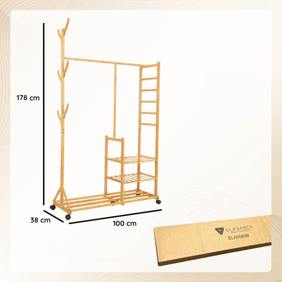 Eleganca Kledingrek op Wieltjes - Garderoberek - Garderobekast - Bamboe - 100 x 38 x 176 cm