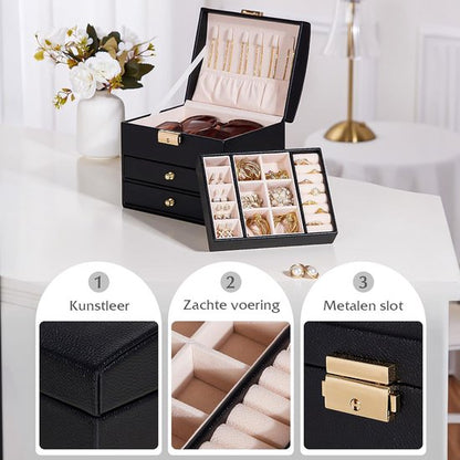Nancy's Eleganca Sieradendoos - Sieraden kistje - Juwelenkistje - Sieradenhouder met 3 Lades - Opbergdoos voor sieraden - Zwart - Leer