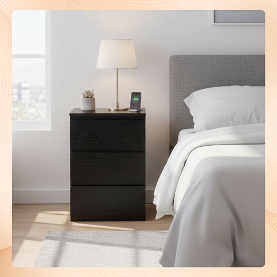 Casamoda Nachtkastje met Stopcontact en USB-Aansluiting - Ladekastje - 3 Lades - Zwart - 40 x 35 x 55 cm