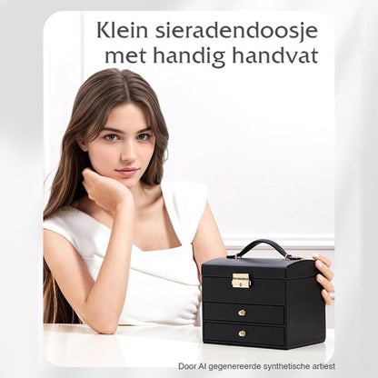 Nancy's Eleganca Sieradendoos - Sieraden kistje - Juwelenkistje - Sieradenhouder met 3 Lades - Opbergdoos voor sieraden - Zwart - Leer