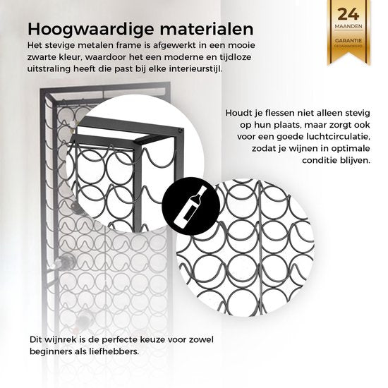 Eleganca Modern Wijnrek XL - Voor 108 flessen - Zwart - Staal - ± 65 x 25 x 190 cm