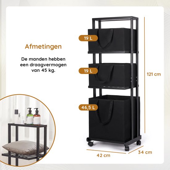 Nancy's Eleganca Wassorteerder 3 Vakken - Wasmand - Met Wieltjes - Zwart - Bamboe - ± 40 x 35 x 120 cm