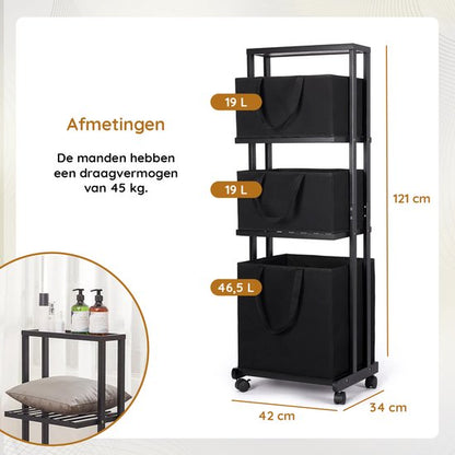 Nancy's Eleganca Wassorteerder 3 Vakken - Wasmand - Met Wieltjes - Zwart - Bamboe - ± 40 x 35 x 120 cm