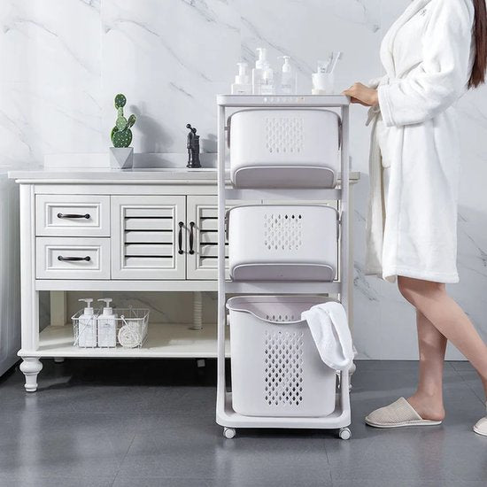 Eleganca Wasmand 3 vakken - Wasbox - Wassorteerder - Wasmand op Wielen - Wit - 82 Liter