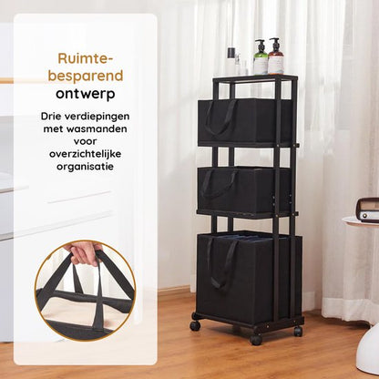 Nancy's Eleganca Wassorteerder 3 Vakken - Wasmand - Met Wieltjes - Zwart - Bamboe - ± 40 x 35 x 120 cm