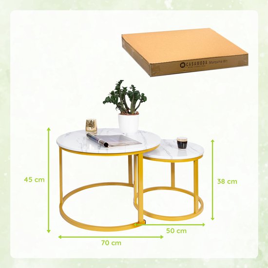 Casamoda Salontafel set van 2 - Bijzettafels Rond - Wit Marmer / Goud - Ø 70/50 cm