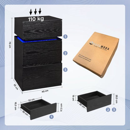 Casamoda Hoog Nachtkastje voor Boxspring - Ladekastje - 3 Lades - Verstelbare RGB LED-Verlichting - Zwart - 40 x 35 x 70 cm