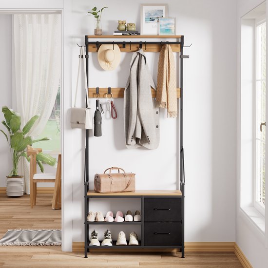 Casamoda Wandgarderobe - Garderoberek - Kapstok met Schoenenrek - Metaal / Hout - Goud Eiken / Zwart - 80 x 40 x 180 cm