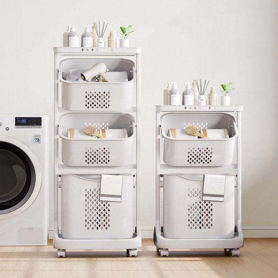 Eleganca Wasmand 3 vakken - Wasbox - Wassorteerder - Wasmand op Wielen - Wit - 82 Liter