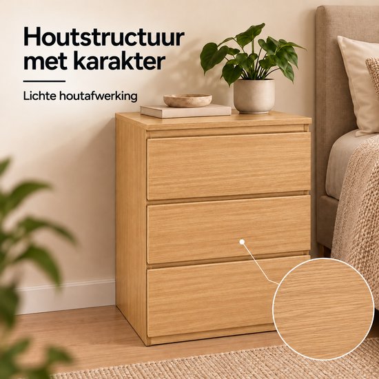Casamoda Extra Hoog Nachtkastje voor Boxspring - 3 lades - Stopcontact met 1x USB-C en 1x USB-A - Bijzettafel - Goud Eiken - 40 x 35 x 70 cm