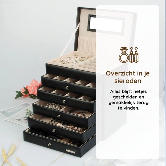 Eleganca Sieradendoos met Spiegel - Sieraden Kistje - Sieraden Display - Juwelenkistje - Zwart
