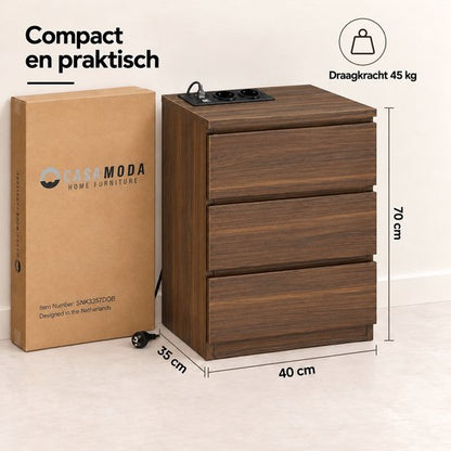 Casamoda Extra Hoog Nachtkastje voor Boxspring - 3 lades - Stopcontact met 1x USB-C en 1x USB-A - Bijzettafel - Walnoot - 40 x 35 x 70 cm