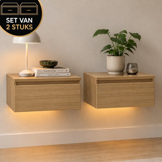 Casamoda Nachtkastje set van 2 - Zwevend nachtkastje met lade - LED-Verlichting - Eiken - 40 x 35 x 18 cm