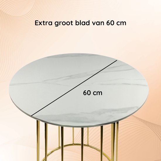 Casamoda Bijzettafel - Salontafel - Gouden Frame - Marmer - Stenen Tafelblad Rond - Wit - Ø 60 x 70 cm