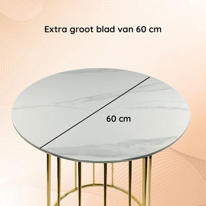 Casamoda Bijzettafel - Salontafel - Gouden Frame - Marmer - Stenen Tafelblad Rond - Wit - Ø 60 x 70 cm