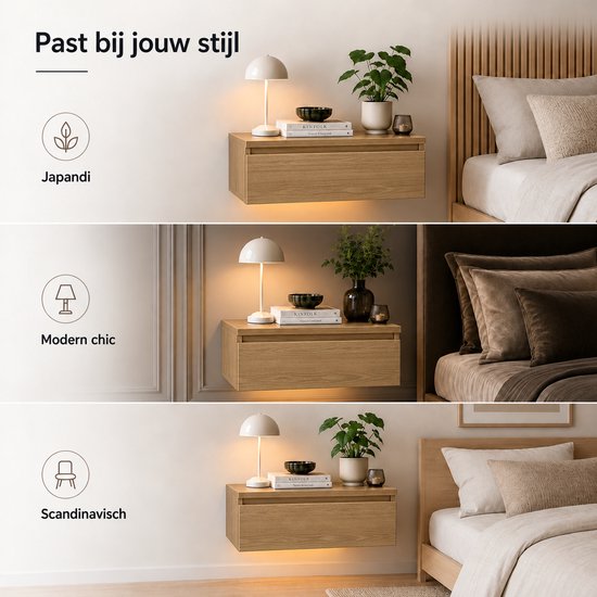 Casamoda Nachtkastje set van 2 - Zwevend nachtkastje met lade - LED-Verlichting - Eiken - 40 x 35 x 18 cm